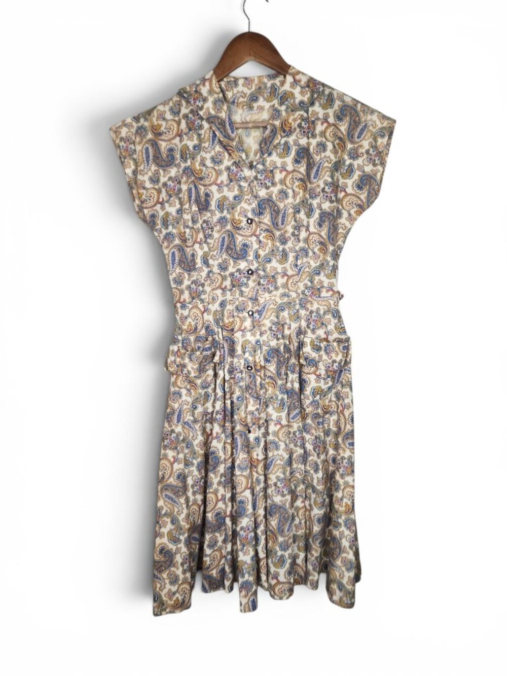 1950s Paisley Print Vintage Day Dress in Ivory Blue Gold